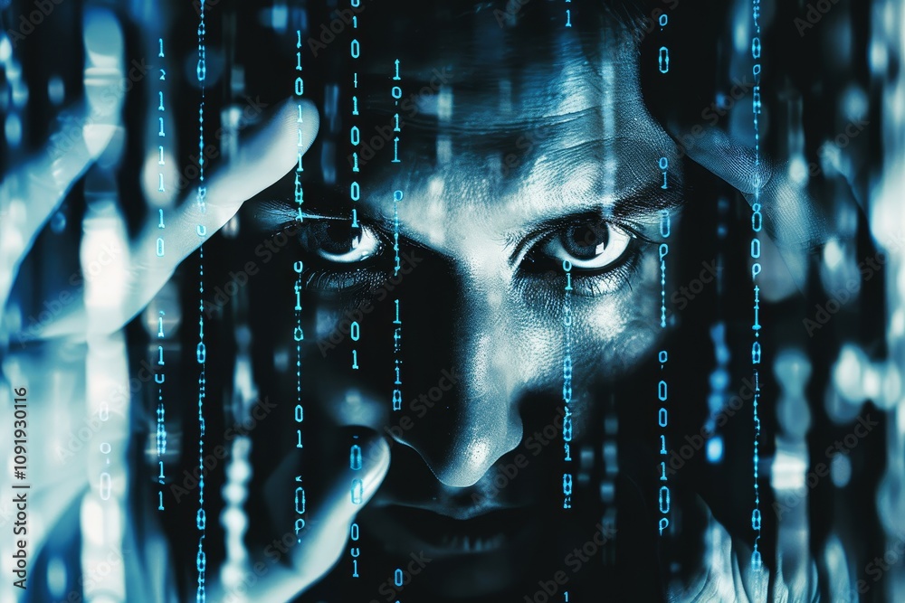 Poster a focused individual engages with luminous binary code, highlighting the intersection of technology 
