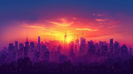 Fototapeta premium A silhouette of a bustling city skyline at sunset, painted in shades of deep orange and purple