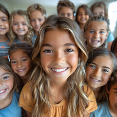 class selfie in an elementary school. kids taking a picture together in a co-ed school in a classroom with a white accent, minimalism, png