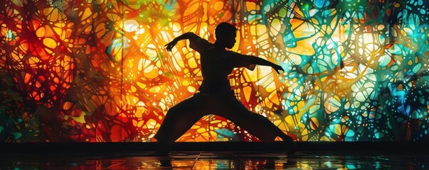 A silhouette of a capoeira dancer, with a backdrop of vibrant, rhythmic patterns