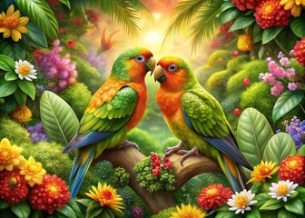 Fototapeta premium Aerial Photography of Love Birds Nesting in a Lush Tropical Environment, Capturing Their Affection and Vibrant Colors from Above for Nature and Wildlife Enthusiasts