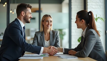 Un apretón de manos entre un hombre y una mujer de negocios en una reunión en la oficina, concepto de alianza, entrevista laboral o asesoramiento financiero