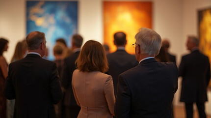 A group of people at a museum attend an art gallery with paintings. Ai.
