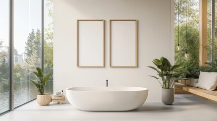 Bright modern bathroom with plants and relaxation.