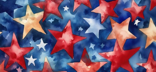 Obraz premium Colorful star pattern, vibrant red and blue stars on watercolor background, artistic design, festive theme