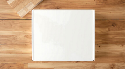White cardboard box on a wooden surface, perfect for product packaging, e-commerce deliveries, or minimalist presentations. Ideal for online businesses, shipping, or branding projects.