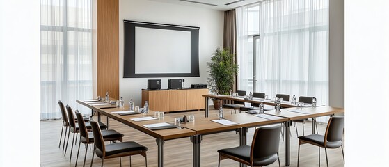 Hotel business service concept . Modern conference room with large table setup.