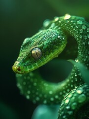 Fototapeta premium Close-up of a vibrant green snake in foliage.