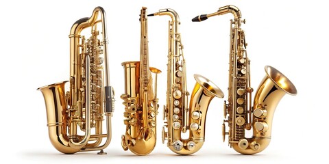 Fototapeta premium Wind instruments saxophones Alto tenor baritone isolated against white background