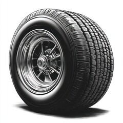 A detailed illustration of a car tire showcasing its tread and rim design.
