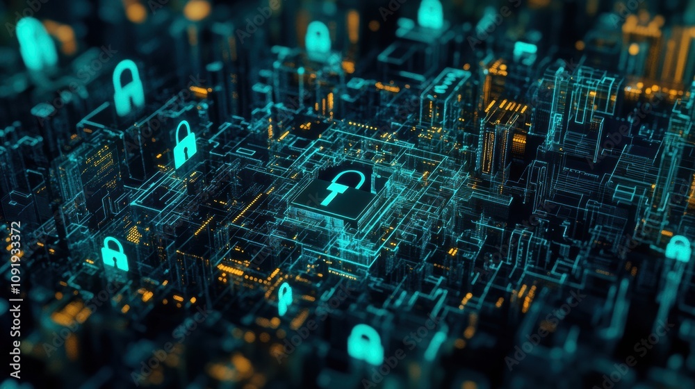 Aufkleber a vibrant, tech-inspired landscape with interconnected padlocks and keys symbolizes security and pro