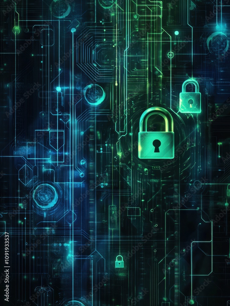 Aufkleber This artwork features an abstract composition of padlocks and keys integrated into a high-tech environment filled with glowing elements. Generative AI