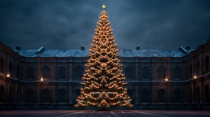 A beautifully lit Christmas tree in a snowy courtyard.