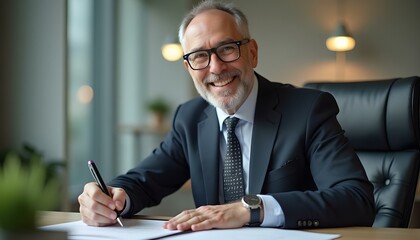 Hombre profesional de mediana edad, ejecutivo o abogado, firmando un documento legal en su escritorio