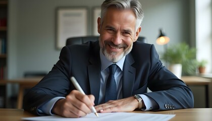 Hombre profesional de mediana edad, ejecutivo o abogado, firmando un documento legal en su escritorio