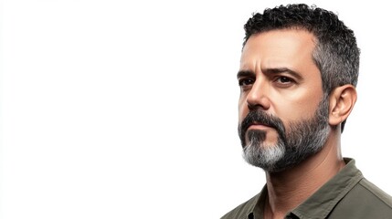 Confident man with stylish beard and serious expression.