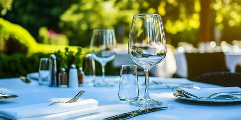 Table served with plates, glasses, cutlery, the table is located in the garden for an event
