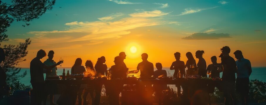 A silhouette of a group at a barbecue, with a background of a summer sunset