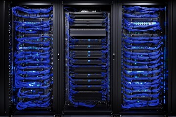 Data center servers with blue network cables.