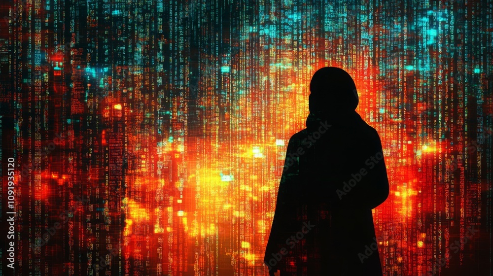 Fototapete A single, dark figure stands before a background of bright, glowing code. The code appears to be flowing downwards in a stream of binary digits, creating a visual effect similar to falling rain.