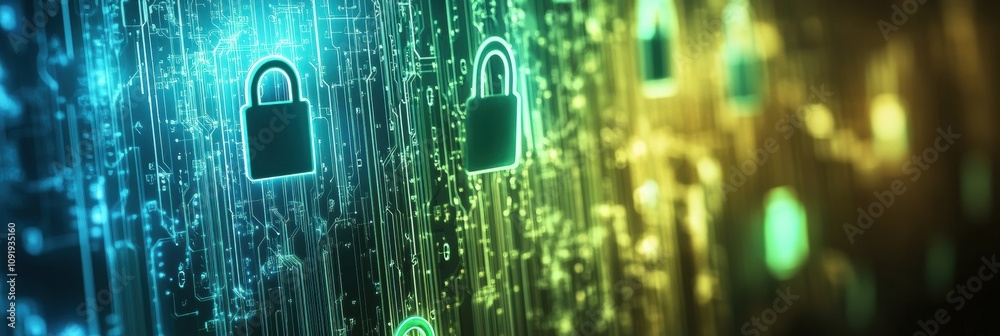 Poster Colorful padlocks and keys blend into an abstract digital background filled with glowing patterns and vibrant colors. Generative AI