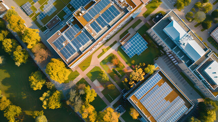 view from above of american school campus with roof covered with photovoltaic solar panels for producing of electrical clean energy with a white accent, photo, png
