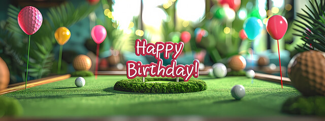 A festive birthday setting featuring colorful balloons, golf-themed decorations, and a cheerful 'Happy Birthday!' sign on a lush green surface.
