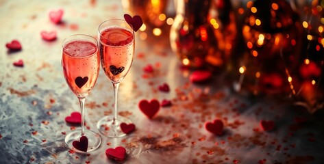 Festive pink cocktail with champagne or prosecco for Valentine's day. Decorated table for romantic dinner, date. Romance, love. Festive background with copy space for menu
