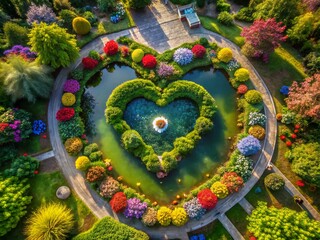Naklejka premium Aerial View of a Heart-Shaped Garden Symbolizing Hope, Faith, and Love Surrounded by Nature's Beauty for Inspirational Themes and Celebrations
