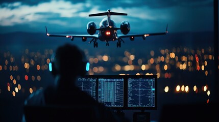 An air traffic controller monitors an aircraft during nighttime at an airport, showcasing aviation technology and safety.