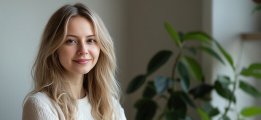 Fototapeta premium Smiling woman with long blonde hair, natural light, indoor setting, green plants in background
