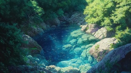 Obraz premium Anime-Style River Scene: Lush Greenery and Crystal Clear Waters