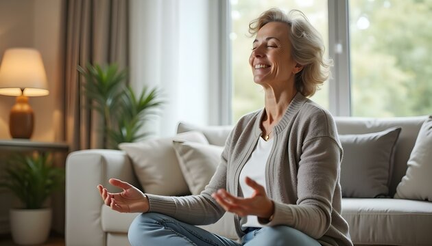 Mujer saludable de mediana edad meditando en casa, practicando ejercicios de respiraci&oacute;n con ojos cerrados en una sala moderna