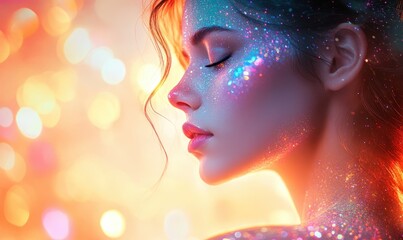 Fototapeta premium A close-up of a woman in a sparkling, holographic gown with a glowing, colorful bokeh background. Concept: glamour, elegance, magical allure.