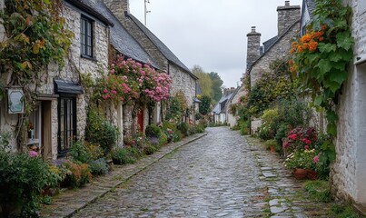 Fototapeta premium A cobblestone path lined with quaint, flower-adorned cottages in a peaceful village, under a soft, cloudy sky. Concept: countryside charm, simplicity.