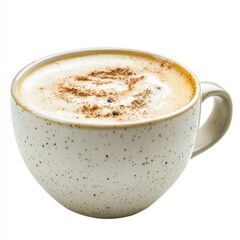 Obraz premium A classic vanilla bean latte with vanilla bean specks and a dusting of cinnamon in a ceramic cup, isolated white background, photorealism art style