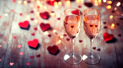 Festive pink cocktail with champagne or prosecco for Valentine's day. Decorated table for romantic dinner, date. Romance, love. Festive background with copy space