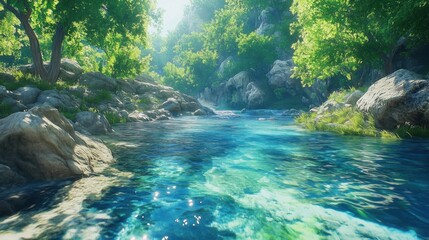 Naklejka premium Anime-Style River Scene: Lush Greenery and Crystal Clear Waters