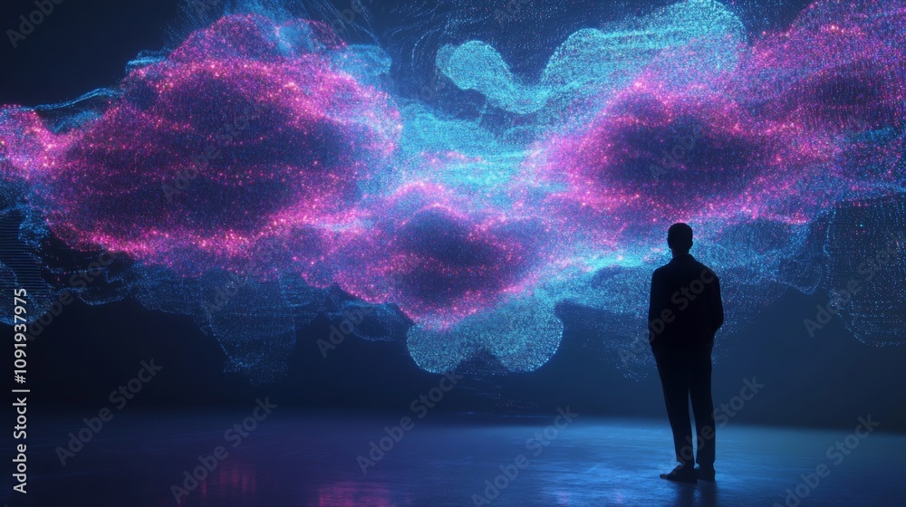 Poster A figure observes an impressive array of colorful digital clouds created from luminous particles, set against a shadowy backdrop. The captivating scene evokes a sense of wonder and exploration.