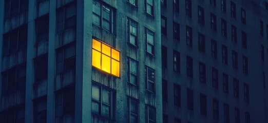 Obraz premium Illuminated window in urban building, contrasting dark facade, cityscape at night, highlights solitude and warmth