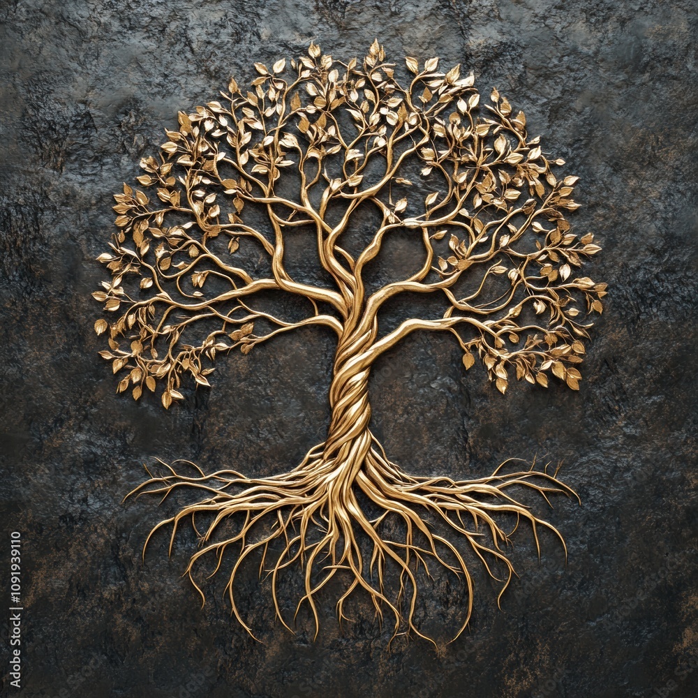 Poster intricate golden tree of life displays intertwining branches and roots, representing growth and the 