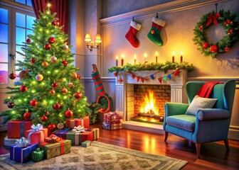 Obraz premium Cozy Christmas Living Room with Stockings, Decorated Fireplace, and Beautiful Tree - Perfect for Holiday Decor Inspiration and Family Gatherings