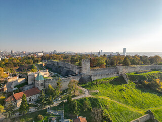Fototapeta premium Belgrade Fortress panorama, Serbia - drone aerial view,
