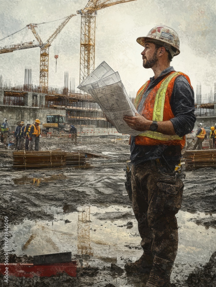 Leinwandbilder an engineer in safety gear stands on a muddy construction site, reviewing blueprints while workers a