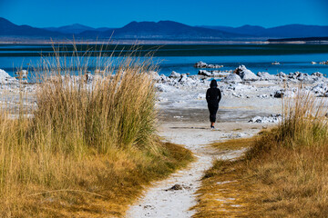 Woman Walking Toward Mono Lake in California
