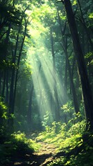 Obraz premium A serene forest scene with sunlight filtering through tall trees.