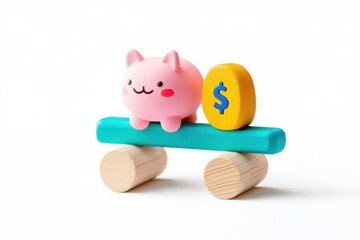 Cute toy cat balancing on a colorful seesaw