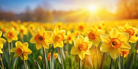 Fototapeta premium Close-up of bright yellow daffodils in a field on a sunny day, bright colors, yellow, sunny day