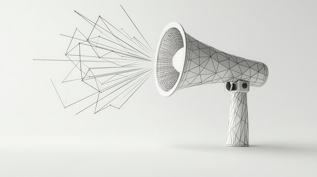 3D rendered megaphone with geometric soundwave design, conveying energy
