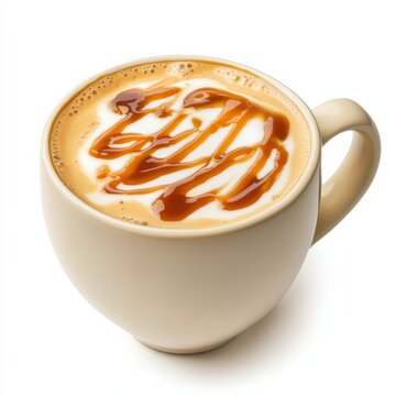 A creamy caramel almond latte with almond milk and caramel swirls in a ceramic cup, isolated white background, traditional art style
